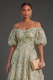Blue Floral A Line Appliqued Midi Wedding Guest Dress