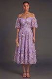 Blue Floral A Line Appliqued Midi Wedding Guest Dress
