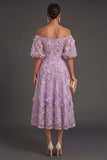 Blue Floral A Line Appliqued Midi Wedding Guest Dress
