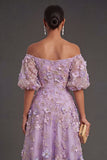 Blue Floral A Line Appliqued Midi Wedding Guest Dress