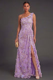 Lilac Mermaid Floral Appliqued Long Wedding Guest Dress
