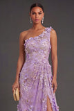 Lilac Mermaid Floral Appliqued Long Wedding Guest Dress