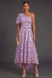 Lilac A Line Floral Appliqued High Low Wedding Guest Dress
