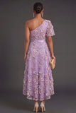 Lilac A Line Floral Appliqued High Low Wedding Guest Dress
