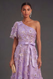 Lilac A Line Floral Appliqued High Low Wedding Guest Dress