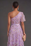 Lilac A Line Floral Appliqued High Low Wedding Guest Dress