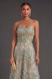 Strapless Dusty Green Corset Floral High Low Weeding Guest Dress