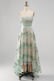 Strapless Dusty Green Corset Floral High Low Weeding Guest Dress