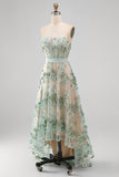 Strapless Dusty Green Corset Floral High Low Weeding Guest Dress