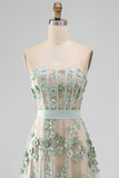Strapless Dusty Green Corset Floral High Low Weeding Guest Dress