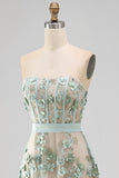 Strapless Dusty Green Corset Floral High Low Weeding Guest Dress