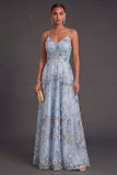 Blue Floral A Line Appliqued Long Wedding Guest Dress