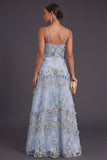Blue Floral A Line Appliqued Long Wedding Guest Dress