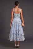 Thick Straps Blue Floral A Line Appliqued Midi Wedding Guest Dress