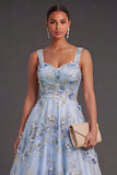 Thick Straps Blue Floral A Line Appliqued Midi Wedding Guest Dress