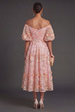 Pink Orange A Line Off the Shoulder Midi Wedding Guest Dress