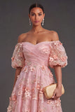 Pink Orange A Line Off the Shoulder Midi Wedding Guest Dress