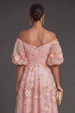 Pink Orange A Line Off the Shoulder Midi Wedding Guest Dress