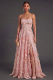Pink Orange Appliqued Strapless A Line Long Wedding Guest Dress with Slit
