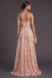 Pink Orange Appliqued Strapless A Line Long Wedding Guest Dress with Slit
