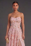 Pink Orange Appliqued Strapless A Line Long Wedding Guest Dress with Slit