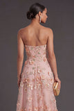 Pink Orange Appliqued Strapless A Line Long Wedding Guest Dress with Slit