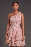 Pink Orange One Shoulder Appliqued Floral Short Summer Wedding Guest Dress