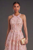 Pink Orange Floral Appliqued Long Wedding Guest Dress