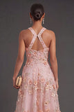 Pink Orange Floral Appliqued Long Wedding Guest Dress