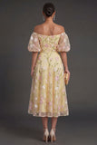 Light Yellow Floral Off the Shoulder Midi Wedding Guest Dress