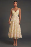 Light Yellow Floral A Line Midi Wedding Guest Dress