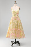 Light Yellow Floral A Line Midi Wedding Guest Dress