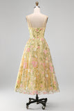 Light Yellow Floral A Line Midi Wedding Guest Dress