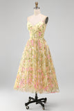Light Yellow Floral A Line Midi Wedding Guest Dress