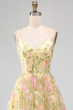 Light Yellow Floral A Line Midi Wedding Guest Dress