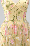Light Yellow Floral A Line Midi Wedding Guest Dress