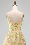 Light Yellow Floral A Line Midi Wedding Guest Dress