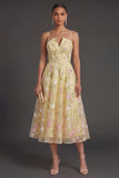 A Line Light Yellow Floral Midi Wedding Guest Dress