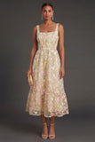 Thick Straps Light Yellow Floral Midi Wedding Guest Dress