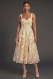 Corset Thick Straps Light Yellow Floral Midi Wedding Guest Dress