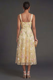Corset Thick Straps Light Yellow Floral Midi Wedding Guest Dress