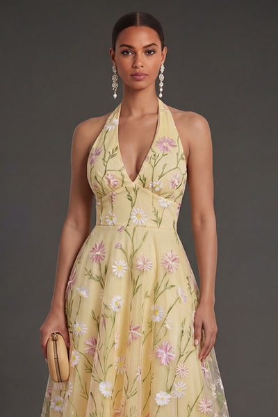 Leely Women Light Yellow Floral A Line Midi Wedding Guest Dress Halter ...