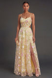 Light Yellow Backless Floral A Line Long Wedding Guest Dress
