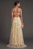 Light Yellow Backless Floral A Line Long Wedding Guest Dress