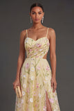 Light Yellow Backless Floral A Line Long Wedding Guest Dress