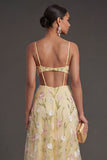 Light Yellow Backless Floral A Line Long Wedding Guest Dress