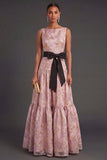 Dusty Blue Floral A Line Sleeveless Long Wedding Guest Dress