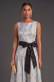 Dusty Blue Floral A Line Sleeveless Long Wedding Guest Dress
