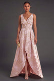 Blush A Line Floral Jacquard High Low Wedding Guest Dress