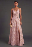 Blush Ruched Jacquard Floral Long Wedding Guest Dress with Slit
